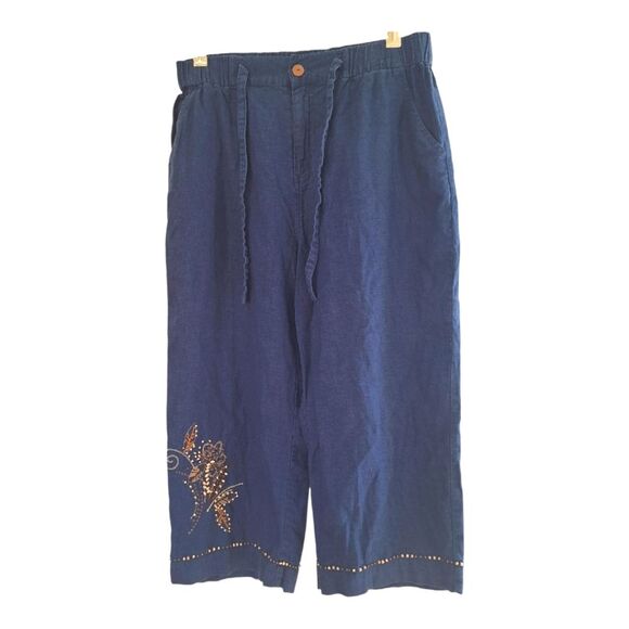 Pappagallo Linen Blend Loose Cropped Pant Embellished Drawstring Pockets S Blue - Picture 1 of 15
